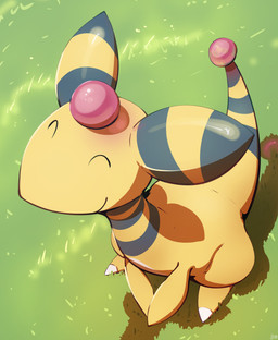 ambiguous_gender biped black_stripes black_tail dipstick_tail eyes_closed feral grass green_background happy long_tail markings nude outside plant red_tail_tip simple_background solo standing striped_body stripes tail tail_markings yellow_body yellow_skin yellow_tail fizzpop nintendo pokemon ampharos generation_2_pokemon pokemon_(species) 2024 hi_res signature