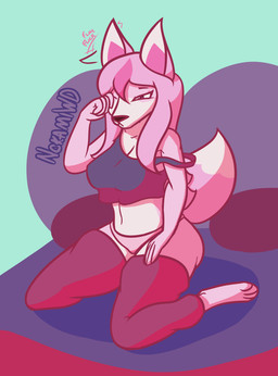 anthro big_breasts big_butt breasts butt clothed clothing ear_flick female fur hair legwear long_hair panties pink_body pink_fur pink_hair simple_background solo stockings tail thick_thighs topwear underwear white_body white_fur nokamiwd brand_new_animal studio_trigger nazuna_hiwatashi canid canine fox mammal absurd_res hi_res
