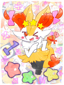 accessory ambiguous_anthro ambiguous_gender anthro biped blush blush_stickers bow_ribbon cute_fangs digitigrade dipstick_tail fangs food hair_accessory hair_bow hair_ribbon hand_on_hip leaning leaning_forward looking_at_viewer markings number object_in_tail on_one_leg one_eye_closed open_mouth open_smile ribbons shrimp_(food) smile snout solo standing star_polygon tail tail_markings teeth wink winking_at_viewer annyui0611 nintendo pokemon braixen canid generation_6_pokemon mammal pokemon_(species) 2024 digital_drawing_(artwork) digital_media_(artwork) full-length_portrait hi_res japanese_description milestone_celebration portrait translated_description