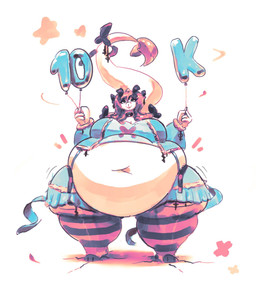 3_toes accessory anthro bar_emanata belly belt big_belly big_breasts biped black_bow black_ribbon blue_bottomwear blue_clothing blue_jacket blue_skirt blue_topwear bottomwear breasts closed_smile clothed clothing cracked_ground cracks deep_navel emanata eyelashes feet female female_anthro furgonomics hair holding_balloon huge_belly jacket legwear mouth_closed navel obese obese_anthro obese_female open_belt open_clothing open_jacket open_topwear overweight overweight_anthro overweight_female pattern_clothing pattern_legwear pattern_stockings raised_tail red_emanata red_hair ribbons skirt smile solo standing stockings striped_clothing striped_legwear striped_stockings stripes tail tail_accessory tail_tuft thick_thighs toes topwear tuft miluinaoxie mythology dragon mythological_creature mythological_scalie scalie 2023 hi_res milestone_celebration