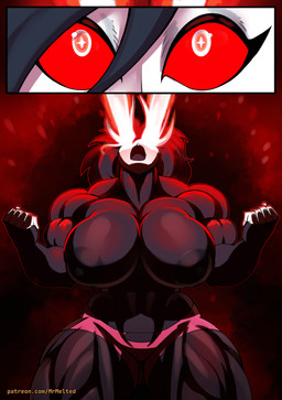 5_fingers anthro areola black_areola black_body black_hair black_nipples clothed clothing eyelashes female fingers hair laser laser_eyes muscular muscular_anthro muscular_female nipples open_mouth pink_clothing red_sclera solo text topless white_eyes mrmelted hellaverse helluva_boss octavia_(helluva_boss) avian avian_demon bird owl owl_demon 2026 absurd_res comic hi_res url