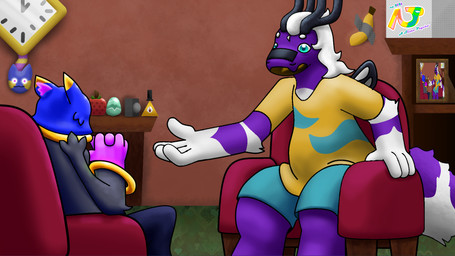 ambiguous_gender anthro antlers banana black_antlers black_clothing black_hat black_headwear black_wings blue_body blue_bottomwear blue_clothing blue_eyes blue_fur blue_pants blue_shirt blue_shorts blue_topwear bottomwear bracelet brown_wall chair cheek_tuft clock clothing comedian cowlick cuberry denim denim_bottomwear denim_clothing dipstick_ears duct_tape duo ear_markings egg eyebrows facial_tuft food fruit fur furniture glowing glowing_eyes glowing_inner_ear glowing_inner_ear_fluff gold_(metal) gold_bracelet gold_jewelry gold_necklace green_egg green_floor grey_clothing grey_shirt grey_topwear hair hat headgear headwear horn inner_ear_fluff insect_wings inside jeans jewelry leather_chair male multicolored_ears necklace novelty_clock pants pattern_clothing pattern_shirt pattern_topwear picture_frame pink_hands pink_inner_ear_fluff plant purple_body purple_fur recursion red_chair red_fruit shelf shirt shorts speaker stripes tape therapist therapy tongue topwear tuft white_body white_eyebrows white_fur white_hair white_hands white_stripes white_wings wings yellow_clothing yellow_ear_tips yellow_shirt yellow_stripes yellow_tongue yellow_topwear a_slime_psycho battle_for_dream_island disney gravity_falls inanimate_insanity mythology object_shows slime_rancher announcer_(bfdi) bill_cipher danny_viquois_(a_slime_psycho) lunar_kitteh_(a_slime_psycho) arthropod bee dragon felid furred_dragon furred_scalie hybrid hymenopteran insect mammal mythological_creature mythological_scalie scalie slime_(slime_rancher) tabby_slime 16:9 hi_res wallpaper widescreen