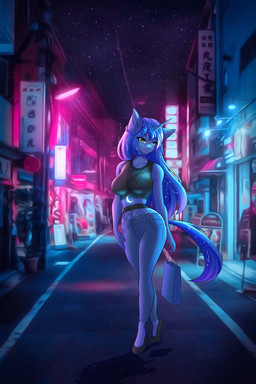 anthro blue_body blue_eyes blue_fur blue_hair bottomwear breasts clothing denim denim_bottomwear denim_clothing eyebrow_through_hair eyebrows eyelashes female footwear fur hair high_heels horn jeans lights long_hair midriff navel night outside pants shoes solo translucent translucent_hair hellcat120 friendship_is_magic hasbro my_little_pony mythology princess_luna_(mlp) equid equine mammal mythological_creature mythological_equine unicorn 2022 hi_res