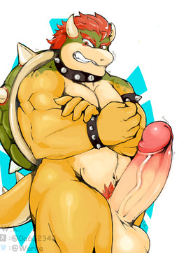 anthro balls big_balls big_butt big_penis butt erection eyebrows genitals glans hair huge_penis male muscular muscular_anthro muscular_male penis red_hair solo standing workakeius mario_bros nintendo bowser scalie absurd_res hi_res