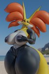 abs anthro areola athletic athletic_female beach big_breasts breasts female grey_areola grey_nipples huge_breasts huge_ears inner_ear_fluff nipples red_eyes sand sea solo tail thick_thighs tuft water raguda nintendo pokemon ghetto_delphox canid delphox generation_6_pokemon mammal pokemon_(species) 2:3 3d_(artwork) digital_media_(artwork) hi_res