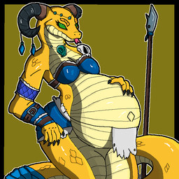 accessory anthro armlet armor belly big_belly black_horn blue_clothing bone bottomless bottomwear bra clothed clothing curled_horn female female_anthro furgonomics green_eyes hand_on_belly horn horn_accessory ineffective_bottomwear ineffective_clothing ineffective_loincloth ineffective_underwear jewelry loincloth melee_weapon navel necklace necklace_only nude organs polearm pregnant pregnant_anthro pregnant_female scales skull skull_accessory snake_hunter solo spear stomach tail tail_accessory tail_wraps tongue tongue_out tribal underwear vambrace weapon white_belly wraps yellow_body yellow_scales makseks makseqs reptile scalie snake 1:1