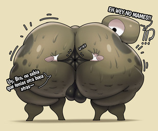 anus balls big_butt black_eyes butt feral genitals green_body huge_butt male solo surprised text thick_thighs crowundeadcat bongo_(bonguitoweon) dinosaur prehistoric_species reptile scalie spanish_text