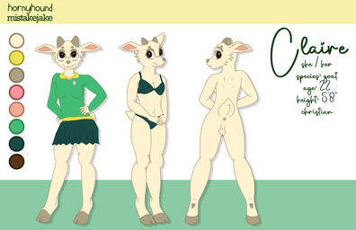 5_fingers anthro anus bottomwear bra breasts clothing collar eyebrows female fingers front_view fur genitals hooves horn panties rear_view religion religious_symbol solo sweater tail topwear underwear vulva hornyhound mistakejake christianity claire_(mistakejake) bovid caprine goat mammal hi_res model_sheet