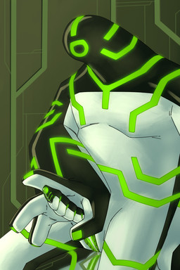 1_eye black_body bodily_fluids circuit_markings countershading genital_fluids genitals green_markings intersex maleherm markings muscular not_furry overweight penis precum reflection simple_background sitting solo touching_penis vulva white_body white_countershading lumen_fox ben_10 cartoon_network aether_(strawberryoverlord) fan_character alien galvanic_mechamorph 2:3 absurd_res hi_res male_(lore)