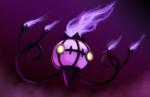 2017 absurd_res ambiguous_gender animate_inanimate chandelure colored_fire fire flying generation_5_pokemon glowing glowing_eyes hi_res mothmandraws nintendo pokemon pokemon_(species) purple_fire purple_theme restricted_palette simple_background solo yellow_eyes