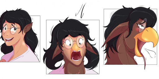 ambiguous_gender anthro base_one_layout basic_sequence beak black_hair blush breath eyewear glasses hair human_to_anthro linear_sequence one_row_layout open_mouth orgasm_face shocked simple_background smile solo species_transformation three_frame_image three_frame_sequence tongue tongue_out transformation transformation_sequence white_background koopacap karen_(redacted) avian human mammal 2019 sequence