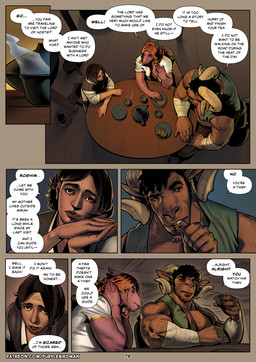 5_fingers annoyed anthro apologizing_to_viewer apology arm_scar arm_wraps athletic back_scar big_muscles black_hair brown_eyes building chair chest_scar clothing curled_horn curly_hair detailed_background dialogue digtial_drawing_(artwork) eating eating_food eyebrows facial_hair facial_scar fantasy fingers food furniture green_clothing green_eyes green_topwear group hair hand_scar horn inn inside large_male leg_scar long_hair male muscular muscular_anthro muscular_arm muscular_male on_chair orange_hair red_body red_hair scar sitting sitting_at_table sitting_on_chair slim slim_anthro slim_male speech_bubble table text thick_eyebrows toned_anthro toned_male topwear trio wrapped_arms wraps purplebirdman mythology avalon_(purplebirdman) roshim_(purplebirdman) bovid caprine dragon human mammal mythological_creature mythological_scalie reptile scalie sheep snake 2024 better_version_at_paywall colored comic detailed digital_media_(artwork) english_text multiple_scenes shaded url