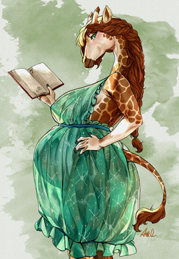 anthro antique belly big_belly big_breasts blush book braided_hair breasts brown_body brown_fur brown_hair clothing evening_gown female fingers fur green_clothing green_eyes hair hand_on_hip holding_book holding_object hooved_fingers hooves horn inner_ear_fluff looking_at_viewer markings navel nightgown nightwear ossicone outie_navel pajamas pregnant pregnant_anthro pregnant_female rear_view retro side_boob side_view silhouette silhouetted_body simple_background smile smirk solo spots spotted_body spotted_fur spotted_markings spotted_tail standing starburst_(design) sunburst_(design) tail tail_markings tail_tuft tan_body tan_fur translucent translucent_clothing tuft vintage ama_dench_art mayternity_2026 gracey_halvenka giraffe giraffid mammal 2026 hi_res