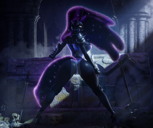 alternate_species anthro anthrofied armor big_breasts big_butt biped black_body black_skin blue_eyes bone breasts butt camel_toe clothed clothing curvy_figure detailed_background ethereal_hair ethereal_tail eyeshadow fangs female female_anthro footwear grin hair half-closed_eyes headgear helmet high_heels horn hourglass_figure inside knee_pads looking_at_viewer looking_back mace makeup melee_weapon narrowed_eyes pauldron pupils rear_view rib_cage sharp_teeth shoes side_boob skull small_waist smile solo spread_legs spreading standing sword tail tail_aside teeth thick_thighs tomb translucent translucent_clothing unconvincing_armor vambrace voluptuous voluptuous_anthro voluptuous_female weapon wide_hipped_anthro wide_hipped_female wide_hips hooves-art friendship_is_magic hasbro my_little_pony mythology nightmare_moon_(mlp) equid equine mammal mythological_creature mythological_equine unicorn 3d_(artwork) 6:5 absurd_res digital_media_(artwork) hi_res