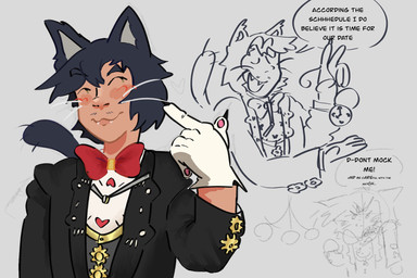 black_body black_claws black_clothing black_fur black_hair black_jacket black_topwear blush bow_tie claws clock clothing cute_fangs dialogue facial_hair fangs finger_claws fur gesture gloves grey_background grey_clothing grey_inner_ear grey_shirt grey_topwear hair hand_gesture handwear jacket looking_away looking_up male mustache no_sclera offscreen_character pawpad_gloves pendulum pointing pointing_at_self red_bow_tie shirt simple_background smile solo speech_bubble stopwatch suit_jacket tan_body tan_skin teeth text topwear watch whiskers white_clothing white_gloves white_handwear white_shirt white_topwear green-static date_everything timothy_timepiece animal_humanoid cat_humanoid felid felid_humanoid feline feline_humanoid humanoid mammal mammal_humanoid 2025 3:2 english_text hi_res sketch sketch_page