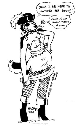 ambiguous_gender anthro breasts cleavage clothed clothing cutlass dialogue duo eye_patch eyewear female feral footwear high_heels melee_weapon shoes sword tail text weapon tegerio ashley_heartwood avian bird canid canine canis domestic_dog husky mammal nordic_sled_dog parrot spitz 2024 black_and_white english_text hi_res monochrome
