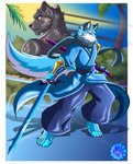 anthro blue_body blue_fur blue_outfit duo fur male melee_weapon multicolored_body multicolored_fur pose solo sword tail weapon vixol knights_college argo_northrop theo_prinz_von_hirschreich canid canine canis mammal wolf hi_res