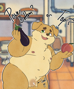 anthro balls brown_body brown_fur detailed_background eggplant flaccid food foreskin fruit fur genitals humanoid_genitalia humanoid_penis inside male navel nipples overweight overweight_male penis plant small_balls small_penis solo unretracted_foreskin fibear spike_(fibear) canid canine canis domestic_dog mammal 5:6 absurd_res hi_res