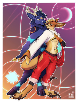 5_fingers anthro antlers border bottomwear clothed clothing crescent_moon dancing duo eye_contact fingers hooves horn looking_at_another male moon pants red_bottomwear red_clothing red_pants topwear unguligrade white_border year foxinuhhbox deer kangaroo macropod mammal marsupial 2022 hi_res watermark
