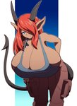 bent_over big_breasts blue_eyes bottomwear breasts cargo_pants cleavage clothed clothing dark_body dark_skin female hair hair_over_eye horn huge_breasts humanoid_pointy_ears looking_at_viewer not_furry one_eye_obstructed pants pointy_ears red_hair solo kojiro-brushard demon demon_humanoid humanoid hi_res