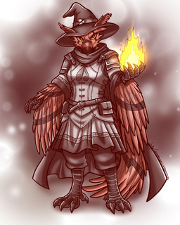 anthro armor claws clothing elemental_manipulation feather_markings feathers female fire fire_manipulation hat headgear headwear markings pouches red_body red_feathers solo symbol symbol_on_clothing wizard_hat yellow_eyes emily_camissa bandai_namco digimon fakemon fan_character kurumi_takeda archaeopteryx digimon_(species) dinosaur feathered_dinosaur feathered_scalie prehistoric_species reptile saurischian scalie theropod urvogelmon x-digimon 4:5 absurd_res hi_res herm_(lore)