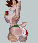 anthro big_breasts big_butt bikini bikini_bottom blush breasts brown_body brown_hair butt cellphone clothed clothing ear_piercing electronics fangs female green_eyes grey_background hair italian_flag phone piercing sabertooth_(anatomy) scut_tail selfie short_tail simple_background smartphone solo striped_body stripes swimwear tail teeth thick_thighs topless two-piece_swimsuit ppkrnyy toofer felid mammal prehistoric_species saber-toothed_tiger hi_res