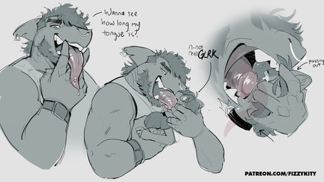 ambiguous_gender anthro bodily_fluids clock clothing collar deep_kiss dialogue dripping duo eyebrows eyewear face_in_mouth facial_hair facial_piercing fin fin_piercing furgonomics furry-specific_piercing glasses goatee holding_body holding_head long_tongue male male/ambiguous neck_bulge nose_piercing open_mouth piercing pink_tongue pushing_head questionable_consent saliva saliva_drip saliva_string shirt simple_background size_difference tank_top tears tongue tongue_deep_throat tongue_out tongue_piercing topwear watch white_eyes fizzykity mia_(fizzykity) silus_(fizzykity) domestic_cat felid feline felis fish mammal marine shark hi_res monochrome trans_(lore)