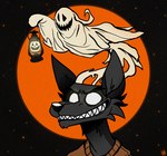 black_nose clothed clothing creepy creepy_smile duo glowing glowing_eyes holding_object holidays lamp lantern male moon night outside smile star teeth white_eyes hallowhund halloween canid canine canis ghost mammal spirit wolf 2021 hi_res signature