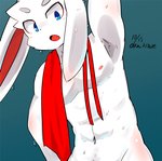 abs anthro asian_clothing athletic athletic_anthro athletic_male blue_eyes bodily_fluids clothing east_asian_clothing fundoshi fur japanese_clothing lean_muscle male nipples pecs solo sweat underwear white_body white_fur km_kitune lagomorph leporid mammal rabbit