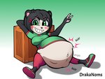 anthro belly big_breasts black_hair blush breasts clothing crate female footwear fully_inside fur gesture hair hand_gesture onomatopoeia shoes solo sound_effects text v_sign vore drakanoms activision crash_bandicoot_(series) crash_team_racing_(series) yaya_panda bear giant_panda mammal 4:3