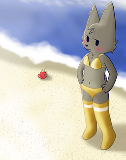 annoyed anthro beach bikini bikini_bottom bikini_top black_eyes black_nose blush blush_lines breasts chest_tuft clothing facial_tuft female fur gold_thigh_highs golden_clothing grey_body grey_fur legwear navel pattern_clothing sand sea seashell shell solo standing striped_clothing stripes sunny swimwear tail teacher thigh_highs tuft two-piece_swimsuit water soder_cat golden_week link_fuzion_(soder_cat) felid feline lynx mammal absurd_res hi_res nonbinary_(lore)