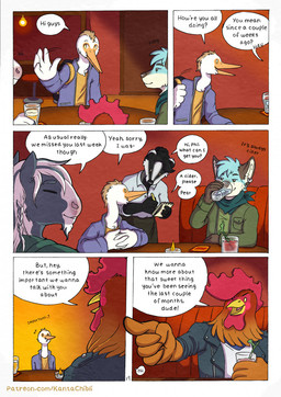 5_fingers alcohol ambiguous_gender anthro backpack bar beverage black_body black_fur black_hair black_nose blue_body blue_fur clothed clothed_anthro clothed_male clothing dialogue drinking feathers fingers fur grey_body grey_fur group hair humanoid_hands kerchief male multicolored_body multicolored_fur neckerchief neckwear page_number red_body red_feathers shirt speech_bubble text topwear two_tone_body two_tone_fur waiter white_body white_feathers white_fur kantachibli adrian_(kantachibli) benedict_(kantachibli) blue_(kantachibli) phillip_(kantachibli) avian badger bird canid canine chicken equid equine fox galliform heron horse mammal mustelid musteline pelecaniform phasianid comic english_text hi_res url