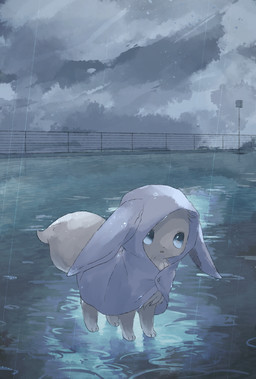 ambiguous_gender blue_eyes brown_body brown_fur clothing cloud cloudy_sky coat detailed_background ears_down fence feral fluffy fluffy_tail fur open_mouth outside pivoted_ears raincoat raining sky solo tail topwear water cy_fros nintendo pokemon eevee generation_1_pokemon pokemon_(species) 2019 hi_res