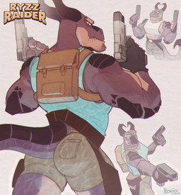 2_horns aiming_weapon angry anthro backpack belt blue_clothing blue_shirt blue_topwear bottomwear brown_body bulge butt clothing cosplay curved_horn eyebrows fingerless_gloves gloves gun handgun handwear holding_gun holding_object holding_ranged_weapon holding_weapon holster horn looking_back male mouth_scar multiple_poses muscular muscular_arms overbite parody pistol pose ranged_weapon serious shirt shorts simple_background solo tail tank_top thick_eyebrows tight_bottomwear tight_clothing topwear weapon xeoniios mythology tomb_raider lara_croft ryzz_(xeoniios) dragon mythological_creature mythological_scalie scalie wingless_dragon absurd_res hi_res signature