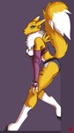 anthro big_breasts bottomwear breasts cleavage clothed clothing denim denim_bottomwear denim_clothing denim_shorts female gloves handwear jeans leaning leaning_forward leaning_on_wall looking_at_viewer pants pose shorts skimpy solo harkrun bandai_namco digimon digimon_(species) renamon 9:16 hi_res