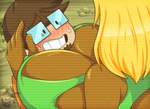 anthro big_breasts blonde_hair blush breasts brown_body brown_fur duo eyewear facial_hair female fur glasses goatee hair male male/female parody shy white_body white_skin purplevulpes collegehumor furry_force saberspark callie_(furry_force) saberspark_(character) human mammal rodent sciurid tree_squirrel redraw