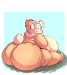 bear big_breasts big_butt blush blush_lines breasts butt evocreo female fur furen grass hi_res huge_breasts huge_butt lightmizano looking_at_viewer mammal plant question_mark simple_background sitting sky slightly_chubby solo thick_thighs tongue tongue_out yellow_body yellow_fur