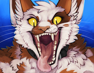 anthro black_collar bodily_fluids brown_body brown_fur cheek_tuft collar detailed_mouth facial_tuft fangs fur glistening glistening_eyes head_tuft inner_ear_fluff male mouth_shot neck_tuft nude open_mouth orange_nose pupils saliva saliva_on_tongue saliva_string simple_background slit_pupils solo teeth tongue tongue_out tuft unsigned whiskers white_body white_fur white_inner_ear_fluff acidic domestic_cat felid feline felis mammal bust_portrait portrait