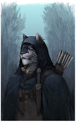 anthro arrow_(weapon) black_stripes blue_eyes cloak clothed clothing dagger ear_piercing fur grey_body grey_fur hood male melee_weapon multiple_piercings pale_eyes piercing quiver_(object) ranged_weapon sheathed_weapon solo striped_body striped_fur stripes weapon whiskers white_body white_eyes white_fur vagelio dungeons_and_dragons hasbro wizards_of_the_coast talon_scald felid mammal pantherine tabaxi tiger 2019 hi_res