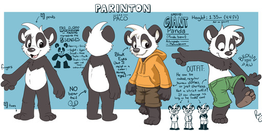 anthro black_body black_fur bottomwear brown_bottomwear brown_clothing brown_shorts cheek_tuft closed_smile clothed clothing facial_tuft fangs featureless_crotch front_view fur glistening glistening_eyes green_bottomwear green_clothing green_shorts hoodie male male_anthro mouth_closed nude open_mouth open_smile orange_clothing orange_hoodie orange_topwear rear_view shorts simple_background smile solo standing tailless teeth text topless topwear tuft white_body white_fur young young_anthro young_male pandapaco parinton bear giant_panda mammal absurd_res english_text hi_res model_sheet