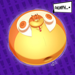 air_inflation anthro belly belly_expansion big_belly black_ear_tips black_nose blue_eyes body_inflation clothing deep_navel dipstick_ears ear_markings expansion fangs hair high-angle_view huge_belly hyper hyper_belly hyper_inflation immobile inflation looking_at_viewer male multicolored_body multicolored_ears navel necktie open_mouth open_smile orange_body orange_ears orange_hair red_mouth red_necktie red_tongue sharp_teeth shirt smile solo speech_bubble spherical_inflation tan_body tan_inner_ear teeth tongue topwear two_tone_body white_clothing white_shirt white_topwear bornconfused bubsy_(series) bubsy_4d bubsy_bobcat bobcat felid feline lynx mammal 1:1 2025 colored digital_media_(artwork) hi_res shaded signature