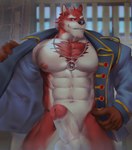 abs anthro balls biped black_nose blue_clothing blue_jacket blue_topwear body_hair chest_hair clothing detailed_background erection foreskin fur genitals humanoid_genitalia humanoid_penis jacket jewelry male mostly_nude muscular muscular_anthro muscular_male necklace nipples pecs penis red_body red_eyes red_fur solo standing topwear white_body white_fur bozi knights_college diederich_olsen canid canine canis mammal wolf 2022 digital_media_(artwork) digital_painting_(artwork) hi_res