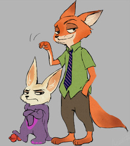 3_toes 4_fingers anthro barefoot big_ears big_head black_nose bottomwear clothed clothing costume crossed_arms duo elephant_costume feet fingers frown fully_clothed fur furry_wearing_fursuit fursuit grey_background hand_in_pocket looking_aside looking_at_viewer male necktie orange_body orange_fur pacifier pants pockets shirt simple_background size_difference smile standing toes topwear コマツコ disney zootopia finnick_(zootopia) nick_wilde canid canine fennec_fox fox mammal red_fox true_fox