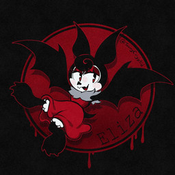 @_symbol anthro bat_ears clothing dress eyeshadow fangs female makeup pac-man_eyes red_clothing red_dress red_eyeshadow shadow solo teeth text toonycryptid eliza_(toonycryptid) bat mammal 1:1 2026 artist_name character_name hi_res signature