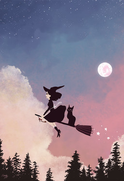 ambiguous_gender black_body black_fur black_hair boots broom broom_riding cleaning_tool clothed clothing cloud detailed_background duo feral flying footwear forest full_moon fully_clothed fur hair hat headgear headwear looking_at_viewer magic_user moon night outside plant shoes sitting sky smile star starry_sky sunset tree witch witch_hat yellow_eyes reimena domestic_cat felid feline felis human mammal 2015