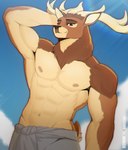 abs anthro antlers athletic athletic_anthro athletic_male black_nose brown_body brown_eyes brown_fur clothed clothing cloud countershade_snout countershade_torso countershading fur horn looking_at_viewer male navel nipples pecs sky snout solo tail text topless topless_male 00niine taryk_(zaxelle) deer mammal 2023 artist_name hi_res signature