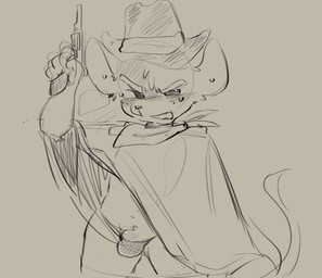 anthro biped blush clothing cowboy cowboy_hat genitals gun hat headgear headwear male penis ranged_weapon solo standing underwear weapon orangechikkin el_raton_vaquero mammal mouse murid murine rodent 2026 sketch