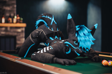 anthro ball billiard_ball billiard_table billiards black_body blue_eyes blue_hair blue_stripes bokeh bottomwear butt clothing crop_top fur fur_markings furniture hair highlights_(coloring) inside male markings multicolored_body multicolored_fur presenting presenting_hindquarters seductive shirt shorts solo stripes table tongue tongue_out topwear whiskers yeah_darksapphire blueberry_(yeah_darksapphire) canid canine canis hybrid mammal rexouium wolf 2026 3:2 3d_(artwork) absurd_res blender_(artwork) blender_cycles_(artwork) digital_media_(artwork) hi_res