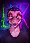 anthro black_hair clothed clothing eyewear female glasses hair makeup orange_eyes smile solo teeth ldr dinosaur dromaeosaurid prehistoric_species reptile scalie theropod 2022 hi_res