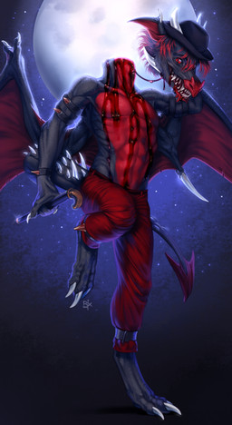 anthro backlighting black_clothing black_hair black_hat black_headwear black_sclera blood blood_from_mouth blood_in_mouth blood_on_chest bodily_fluids bottomwear claws clothed clothing decapitation fangs finger_claws front_view glistening glistening_eyes gore grey_body hair hat headgear headwear horn light male membrane_(anatomy) membranous_wings moon multicolored_hair open_mouth pants pupils red_body red_bottomwear red_clothing red_eyes red_hair red_pants red_wings slit_pupils solo spade_tail spiked_tail spikes spikes_(anatomy) standing tail teeth toe_claws topless two_tone_hair white_claws white_horn wings riorix mythology dragon mythological_creature mythological_scalie scalie 2019 dated full-length_portrait hi_res lighting portrait signature